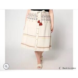 NWOT Denim & Co Canyon Retreat Oasis Embroidered Linen Skirt Size L Boho Chic